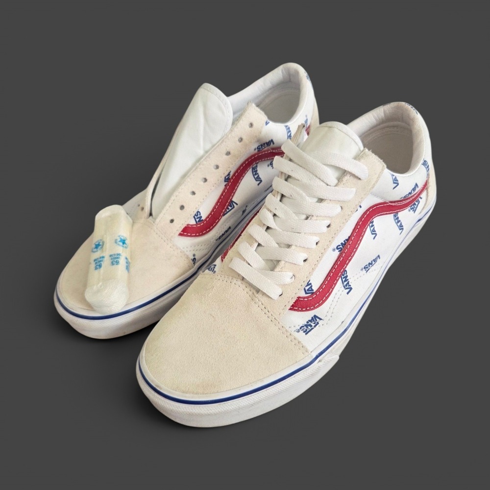 Vans‎ Old Skool Logo Print Sneakers White Red Blue Mens 10 Suede Canvas Low Top